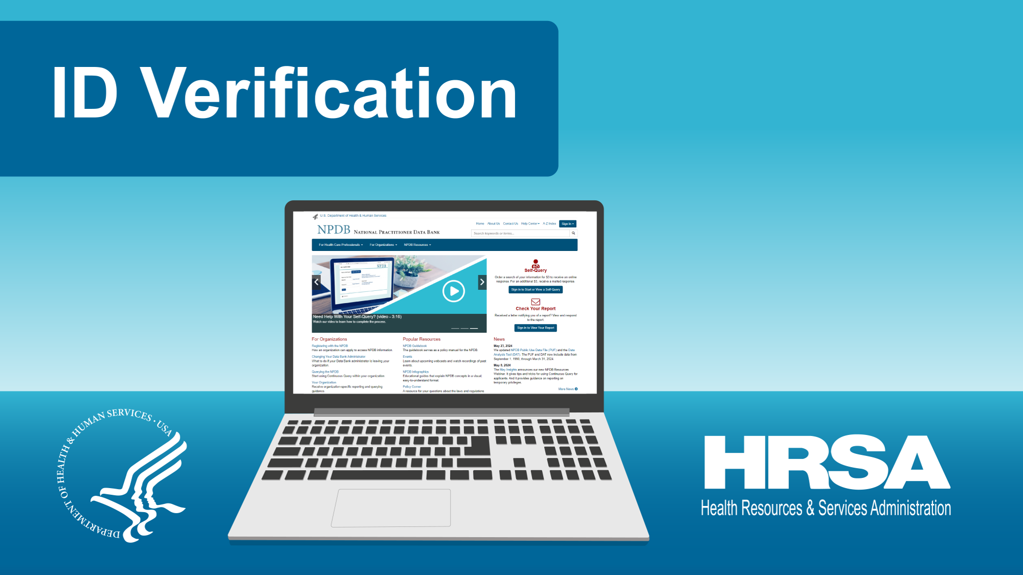 This is a preview graphical image showing the NPDB home page for the Identity Verification video.